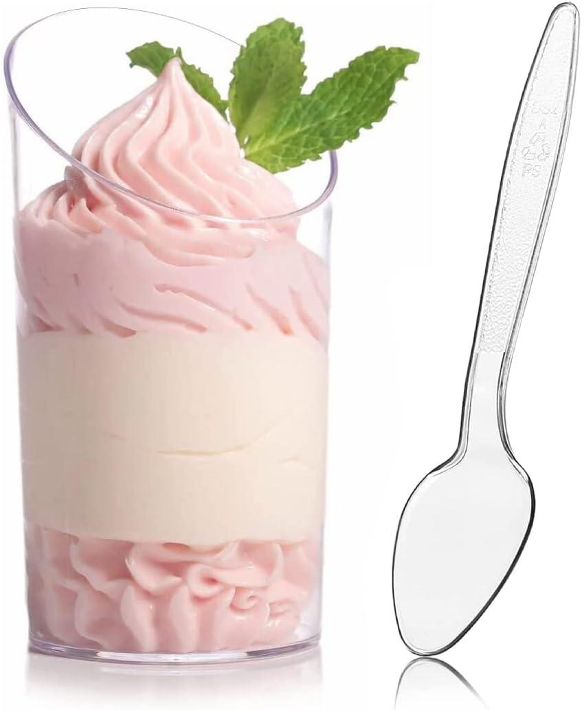 Zezzxu 50 Pack Mini Dessert Cups with Spoons, 2.2 oz Plastic Small Dessert Shotter Cups Slanted Appetizer Cups for Serving Mousse Pudding Triffle