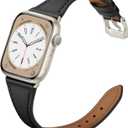 Slim Leather Bands Compatible with Apple Watch Band 46mm/49mm/45mm/44mm/42mm, Genuine Leather Strap for iWatch Series 11/10/9/8/7/6/5/4/3/2/1 SE 3/2/1 Ultra 3 2 1 Women, Black/Starlight