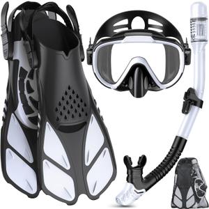 Snorkeling Gear for Adults Men Women,4 in 1 Snorkel Set with Panoramic View Diving Mask Anti-Fog Anti-Leak,Dry Top Snorkel,Fins and Travel Bag for Swimming,Snorkeling and Travel Diving (WHITE)