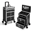 Adazzo Professional Rolling Makeup Train Case with Drawers, Large Cosmetic Trolley with Locks, Cosmetics Storage Organizer Make up Case for Travel Makeup/Nail Art/Hair Styling, Matte Black