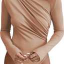 SweatyRocks Women's Bodysuit Mock Neck Casual Ruched Long Sleeve Jumpsuit (Medium, Brown)
