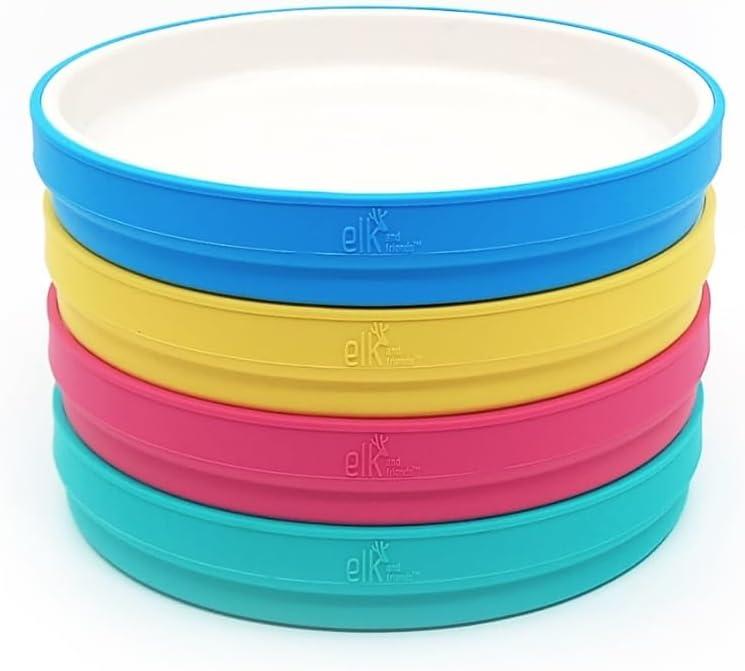 Elk and Friends Kids 7.8 Porcelain White Plates with Silicone Sleeves | Suitable for Babies/Toddlers | Microwave & Dishwasher Safe | Non Slip Dinnerware | Snack Dishes | 4 Pack (Pink/Teal/Blue/Yellow)