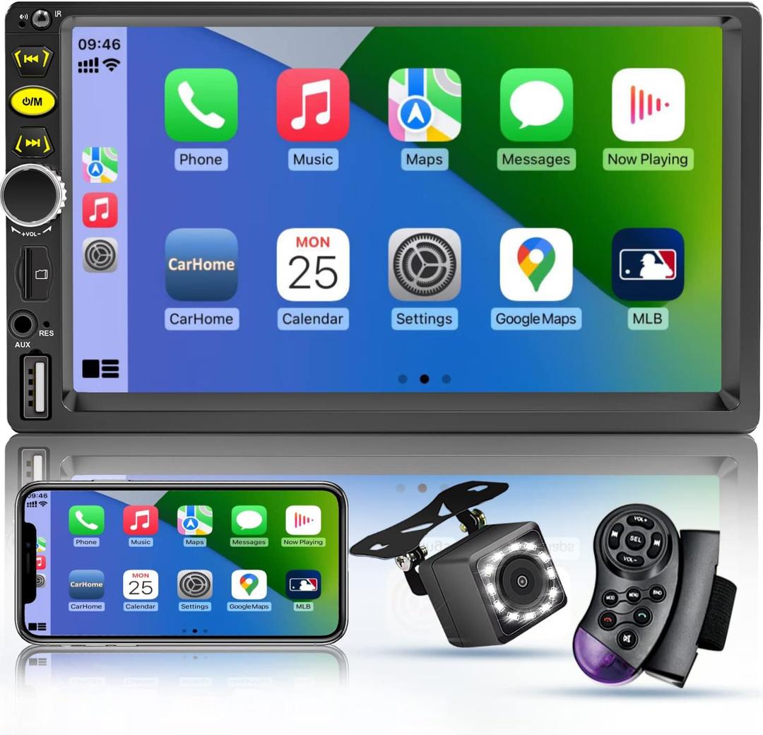 7 Double Din Touch Screen Car Radio with Apple CarPlay, 7 Inch Bluetooth Car Stereo with Backup Camera, FM Steering Wheel Controls, Mirror Link Navigation, USB/ TF/ Subwoorf/ 240 watts