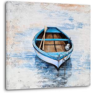 YHSKY ARTS Coastal Canvas Wall Decor Hand Painted Light Blue Sailing Boat Painting Square Pictures Modern Abstract Nautical Artwork for Living Room Bedroom Bathroom Decoration (30L" x 30W")