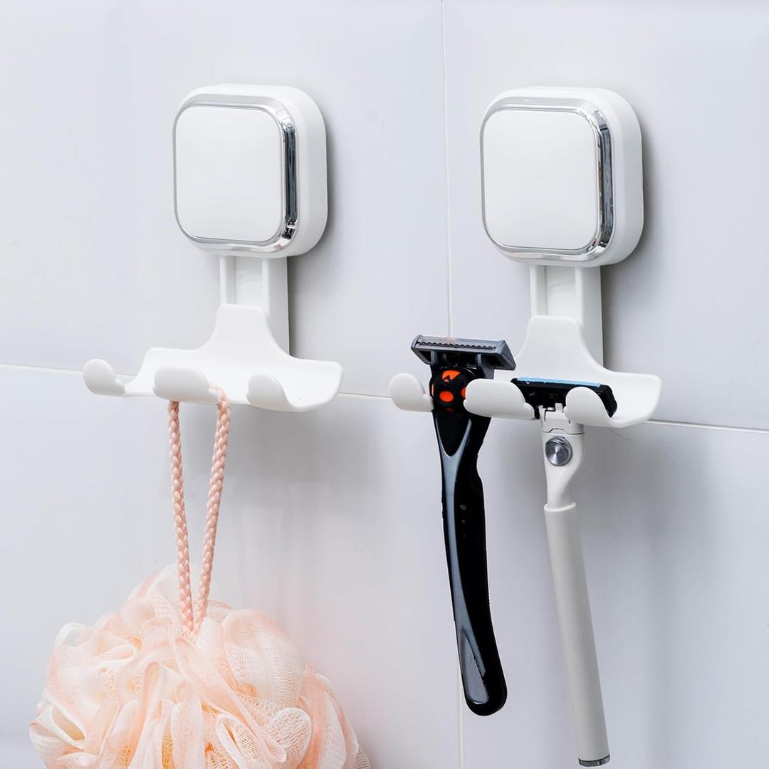 LEVERLOC Vacuum Suction Cup Razor Holder for Shower 2 Pack, Heavy Duty Shower Hooks for Towel, Loofah, Razor, Cell Phone, Damage-Free Hanging Plated Suction Cup Hooks, Easy to Install and Reuse, White