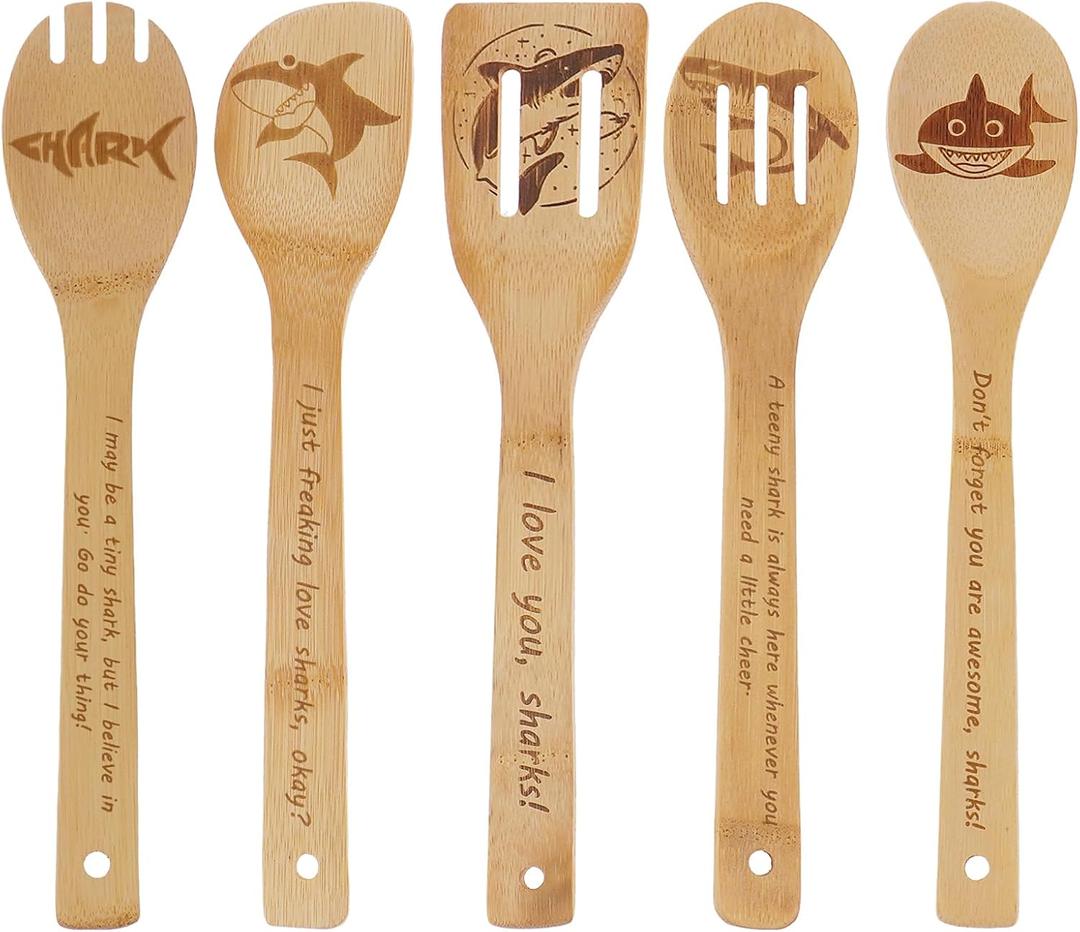 5PCS Shark Wooden Cooking Spoons Set Bamboo Cooking Spoons