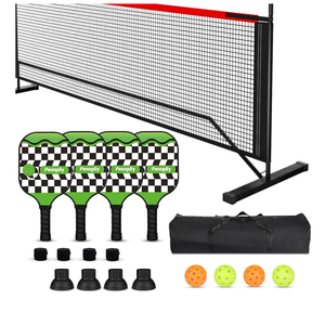 Pennpliy Pickleball Set with Net and Paddles, 4 Player Set, Brown Wooden Paddles, 22FT Portable Net, 6 Balls, 4 Ball Retrievers, 4 Replacement Grips