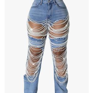 Geulis Womens Sexy Ripped Jeans High Waisted Rhinestones Pearl Chains Distressed Baggy Jeans Party Clubwear Denim Pants Small