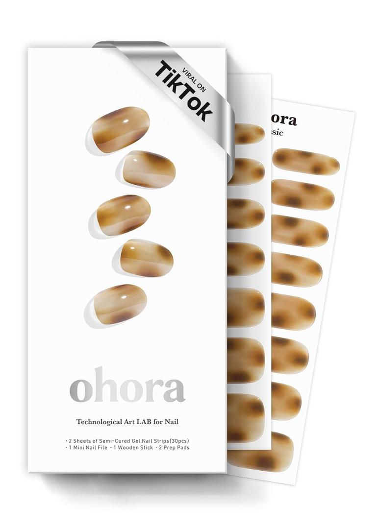 ohora Semi Cured Gel Nail Strips (N Smoky Mocha) - Works with Any Lamps, Salon-Quality, Long Lasting, Easy to Apply & Remove - Includes 2 Prep Pads, Nail File & Wooden Stick