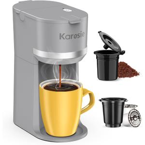 Single Serve Coffee Maker for K-Cup and Ground Coffee, Fast Brew, 6-12 oz Brew Sizes One Cup Coffee Machine Fits 5.5" Mugs, One-Button Small Coffee Maker with Descaling Reminder,Grey (9.45 Inches)