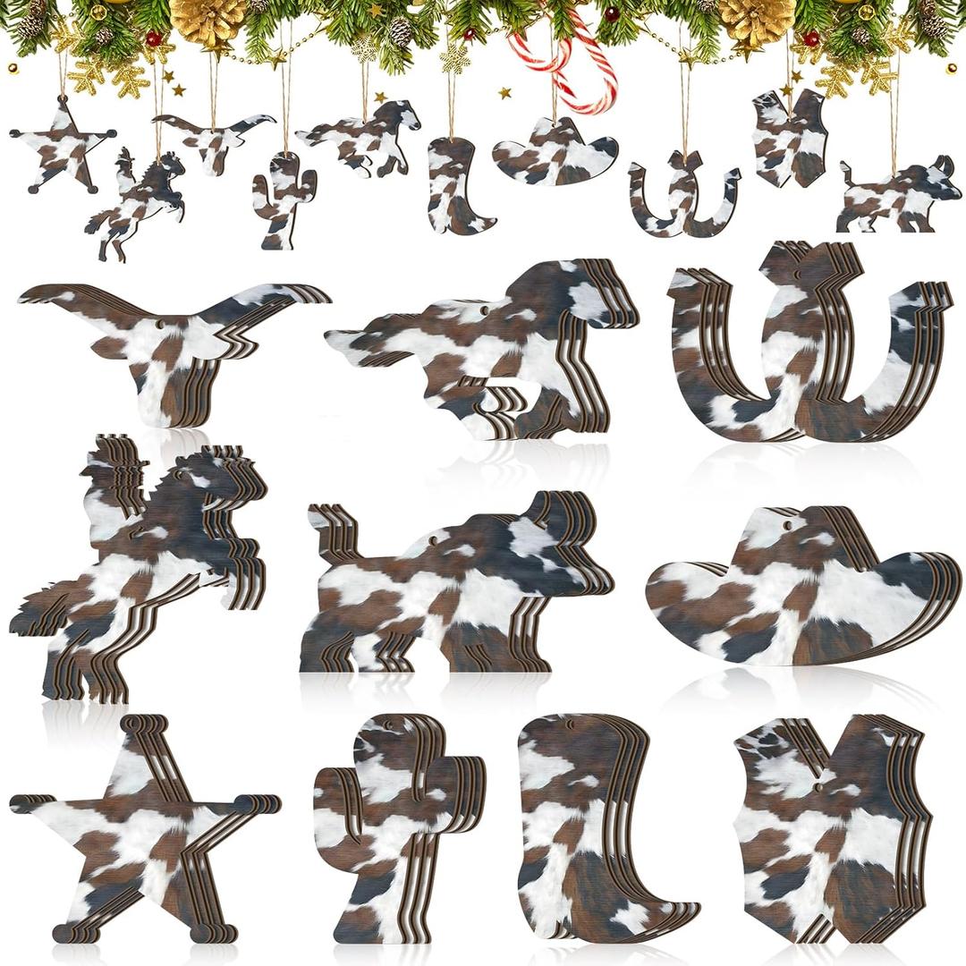 Huwena 30 Pcs Christmas Western Ornaments Wooden Cowboy Ornaments for Christmas Tree Hanging Cowboy Hat Cactus Boots Farmhouse Western Theme Home Decorations for Xmas Tree Party Decor