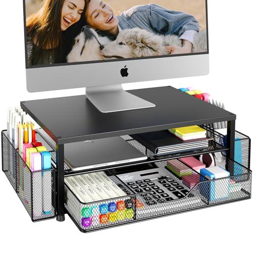OPNICE Desk Organizer and Accessories, 2-Tier Computer Monitor Stand Riser with Drawer and 2 Pen Holders, Laptop Stand, Office Desk Accessories for Office Supplies, Black 4 Packs, White