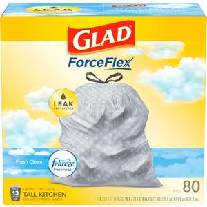 Glad Trash Bags, ForceFlex Tall Garbage Bags, 13 Gallon Grey Trash Bags for Tall Kitchen Trash Can, Fresh Clean with Febreze Freshness to Eliminate Odors, 80 Count (Packaging May Vary)