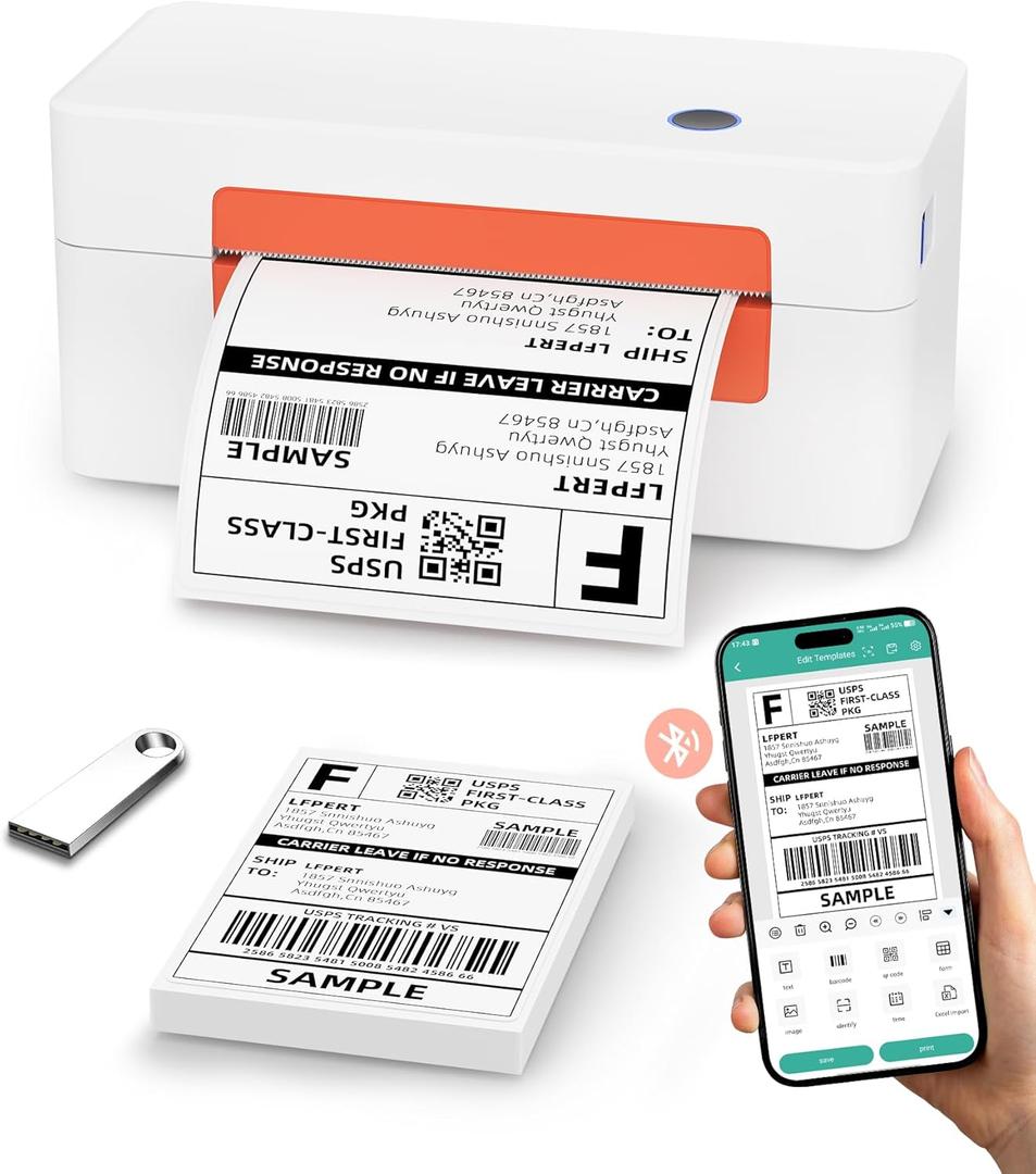 Bluetooth Thermal Label Printer, Wireless 4x6 Shipping Label Printer for Small Business & Shipping Package Compatible with Android, iOS, Windows & Mac, Used for Amazon, Ebay, Shopify, USPS Etc (White Orange)