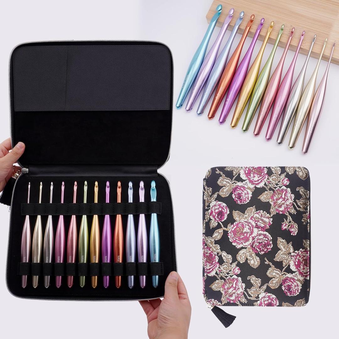 Mdoker Newest Aluminum Crochet Hook Set with Case Ergonomic Grip Crochet Hooks,Non-Slip Hooks for Arthritic Hands, Perfect Crochet Gift for Women,3mm-10mm