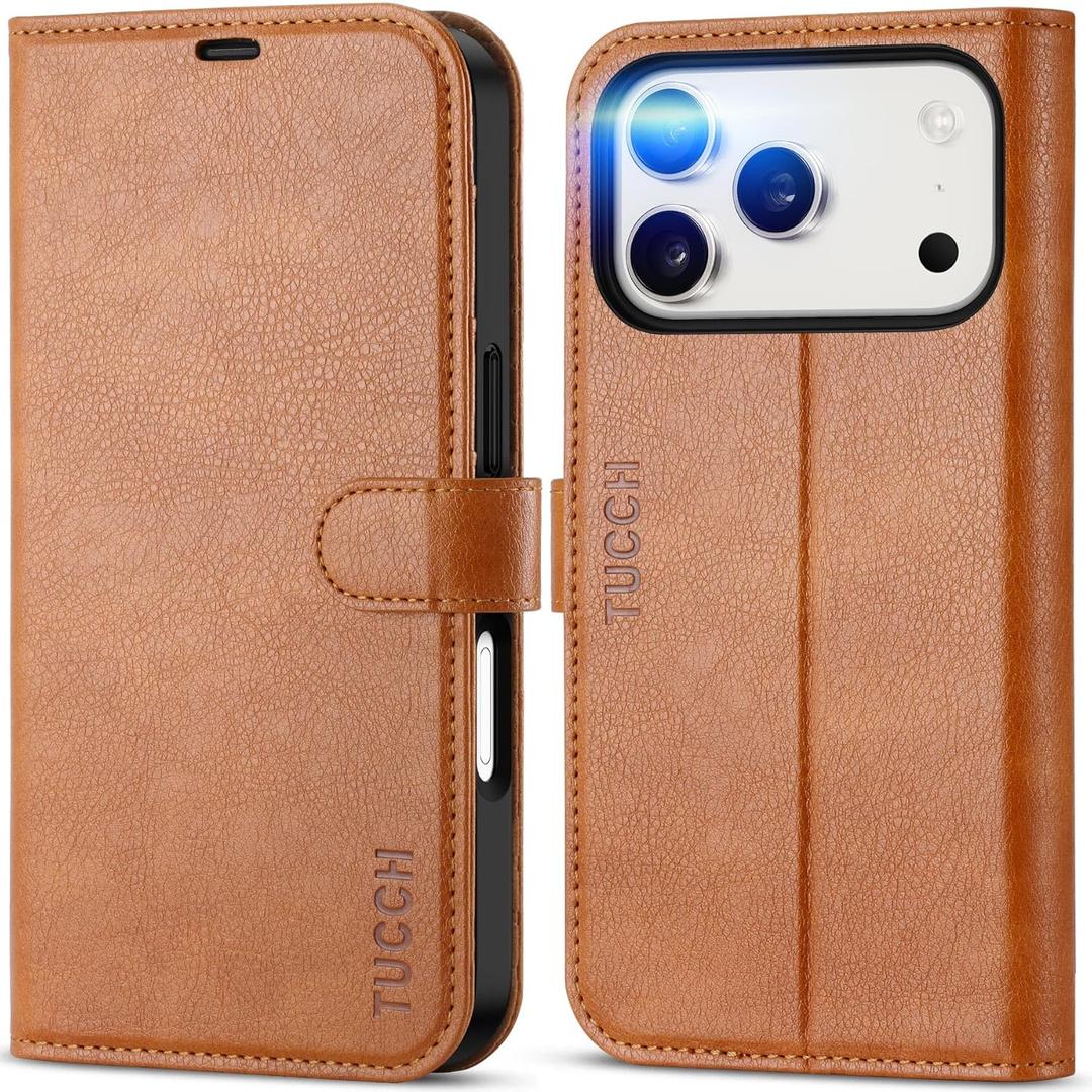 TUCCH Wallet Case for iPhone 17 Pro (6.3") 2025, 4 Card Holders | RFID Blocking | Stand | PU Leather | Magnetic Closure | Protective Flip Folio Cover | Shockproof TPU Shell | Light Brown