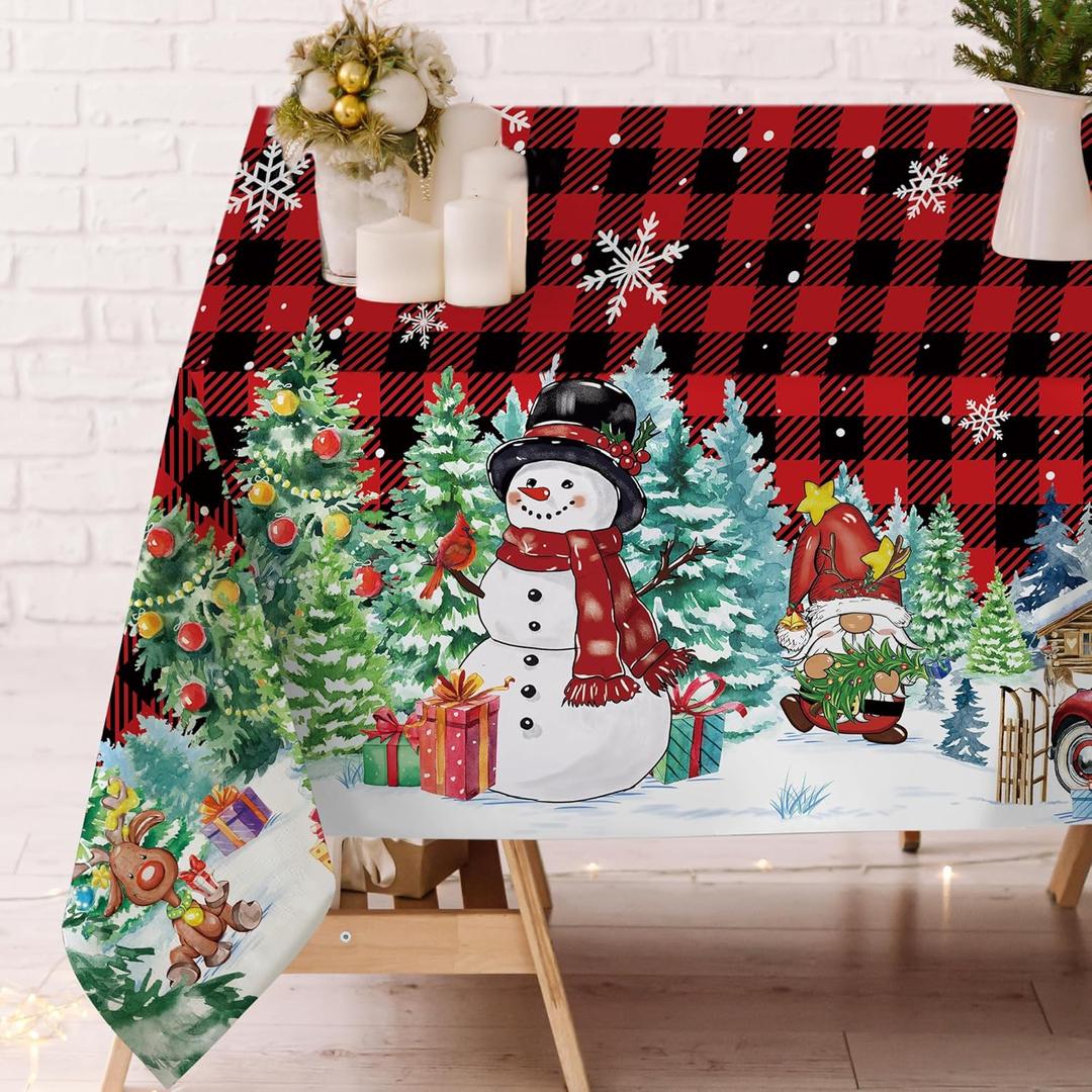 Christmas Tablecloth 5454 Inch, Merry Christmas Decorations Snowman Table Cloth for Rectangle Red Truck, Xmas Decor Buffalo Red Plaid Gnoms Tablecloths Polyester Vintage for Picnic Party Dinner