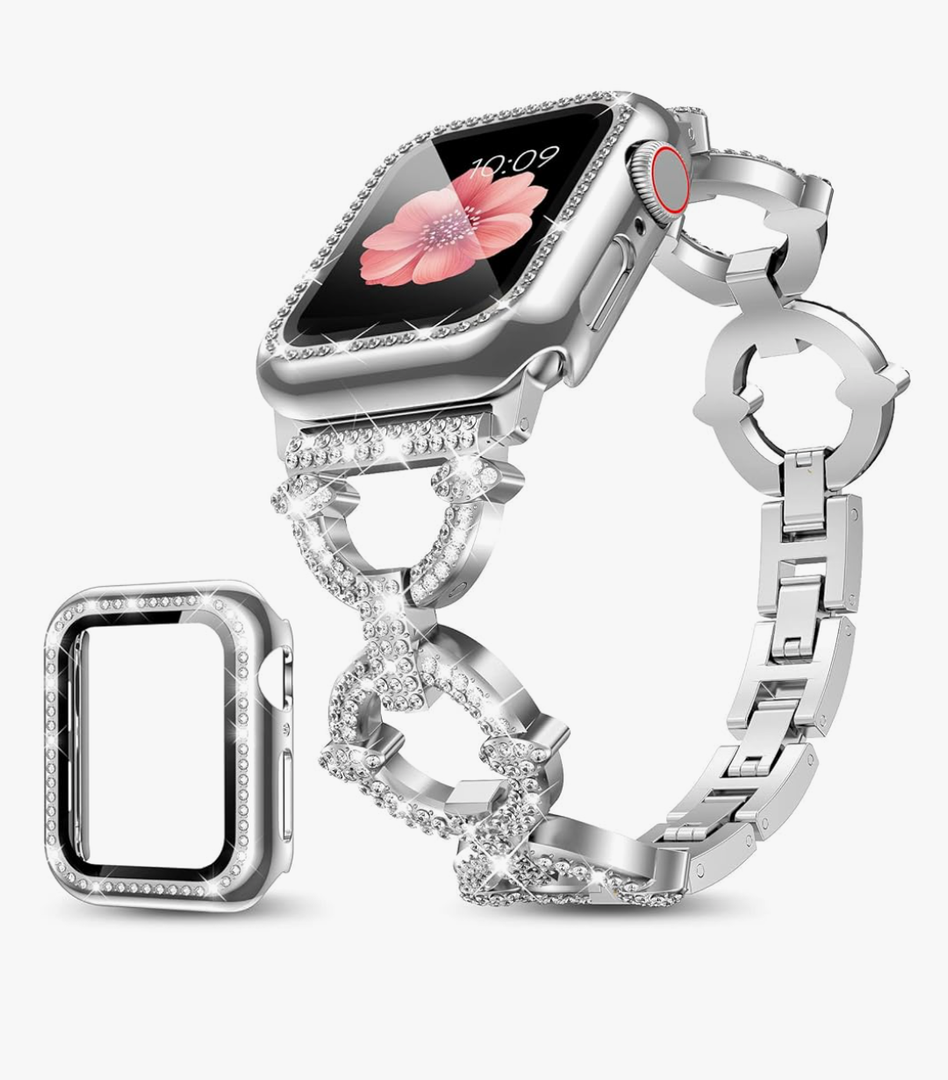 Mesime Compatible with Apple Watch Band  42mm 44mm 45mm 46mm, Women Bling Jewelry Bands with Tempered Glass Screen Protector Case, Shiny Strap for iWatch Series 10/9/8/7/6/5/4/3/2/1/SE