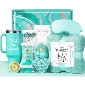 Birthday Gifts for Women, for Mom from Daughter, Self Care Get Well Soon Gift Baskets for Her Sister Wife Girlfriend, Ocean Relaxing Spa Care Package w/Blanket 40 OZ Tumbler