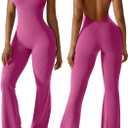 OEAK Womens Flare Jumpsuit with Bra Tummy Control Cutout Romper Workout Outfit Sleeveless Unitard One Piece Backless Bodysuit (Medium, Rose)