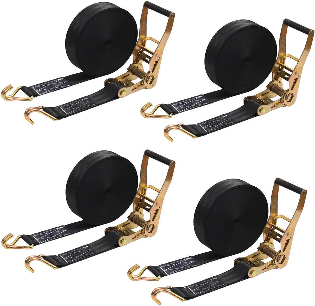 4PACK Ratchet Straps Heavy Duty, 8000 LBS Break Strength Ratchet Strap Tie Down, 2 x 27ft Black Tie-Down Ratcheting Cargo Truck Straps with Durable Double J Hook for for Truck (Black, 2IN X 27FT)
