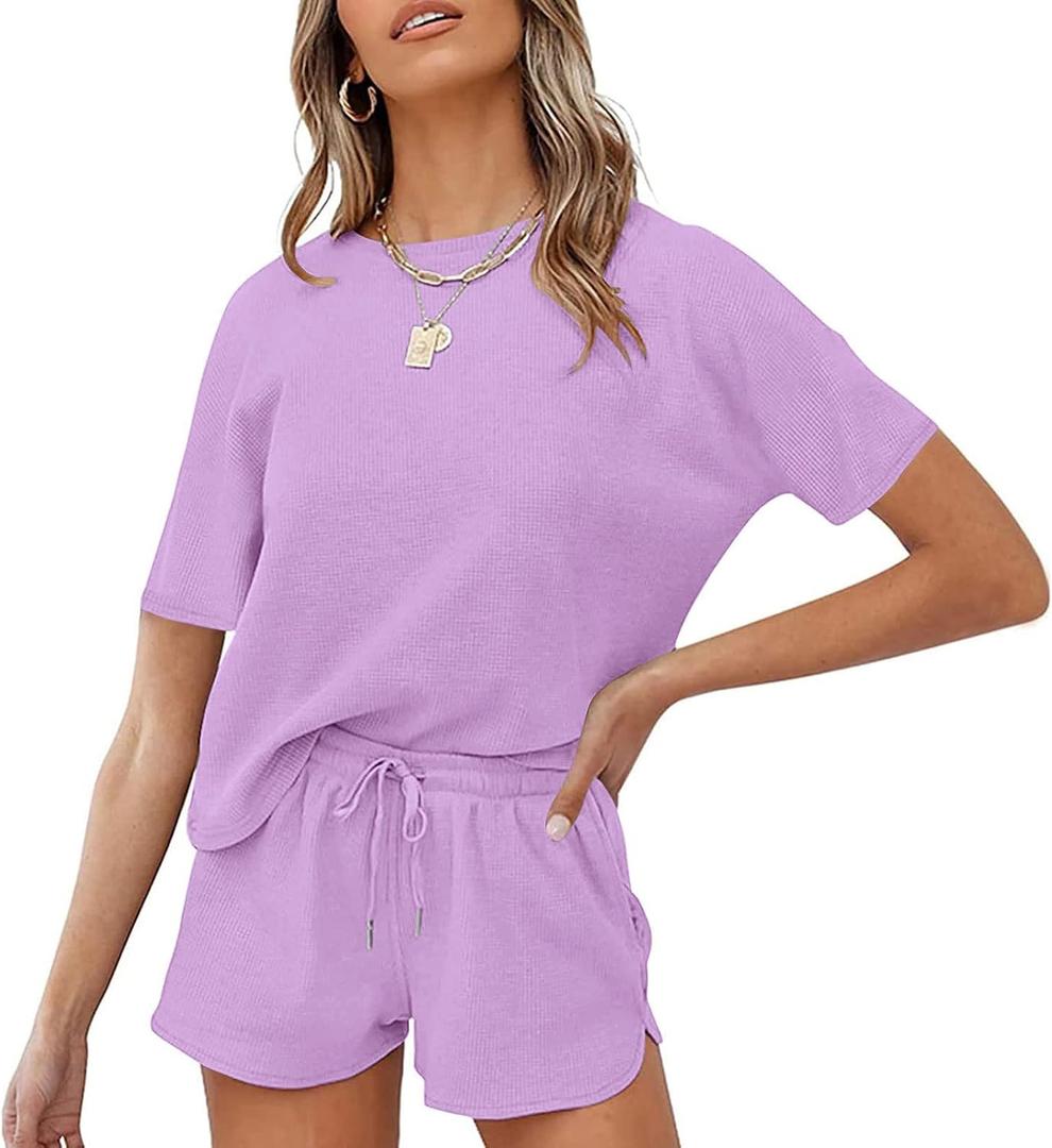 MEROKEETY Women's Short Sleeve Waffle Pajama Sets 2 Piece Lounge Outfits | Basic Top Shirt and Drawstring Pocket Shorts Loose Fit Cozy Soft Two Piece Loungewear Tracksuit Matching Set Outfits (Purple, M)
