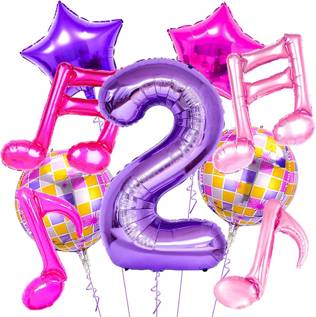 9Pcs Kpop Birthday Decorations - Kpop Music Balloons Hot Pink Music Note Balloons - 40 Inch Purple Number 2 Balloon for Disco Party Decor - K pop Music Themed Birthday Party Decorations