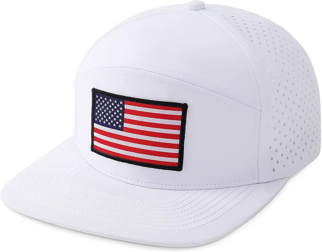American Flag Baseball Cap, Flat Bill Brim Hat for Men Women, Patriotic Mesh Snapback Hats (White)