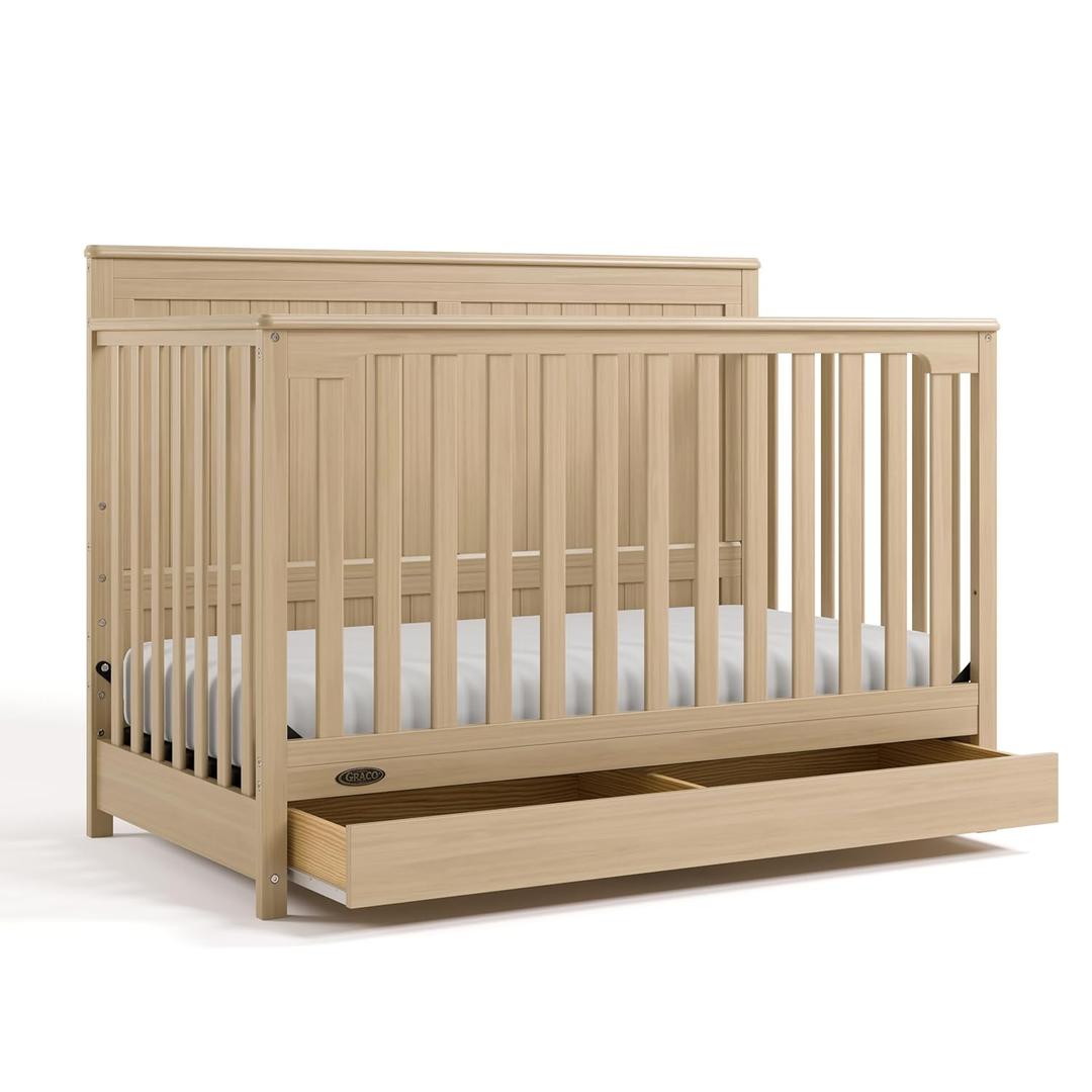 Graco Hadley 5-in-1 Convertible Crib with Drawer (Driftwood)  GREENGUARD Gold Certified, Fits Standard Crib Mattress, Converts to Toddler Bed, Daybed and Full Bed, 4 Adjustable Mattress Heights
