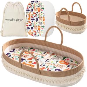 Baby Changing Basket, Boho Moses Baskets for Newborn, Baby Basket for Baby Dresser, Diaper Changing Basket for Baby with Diaper Caddy, Cartoon Changing Pad, Waterproof Sponge Cushion, Storage Bag (White&Jute)