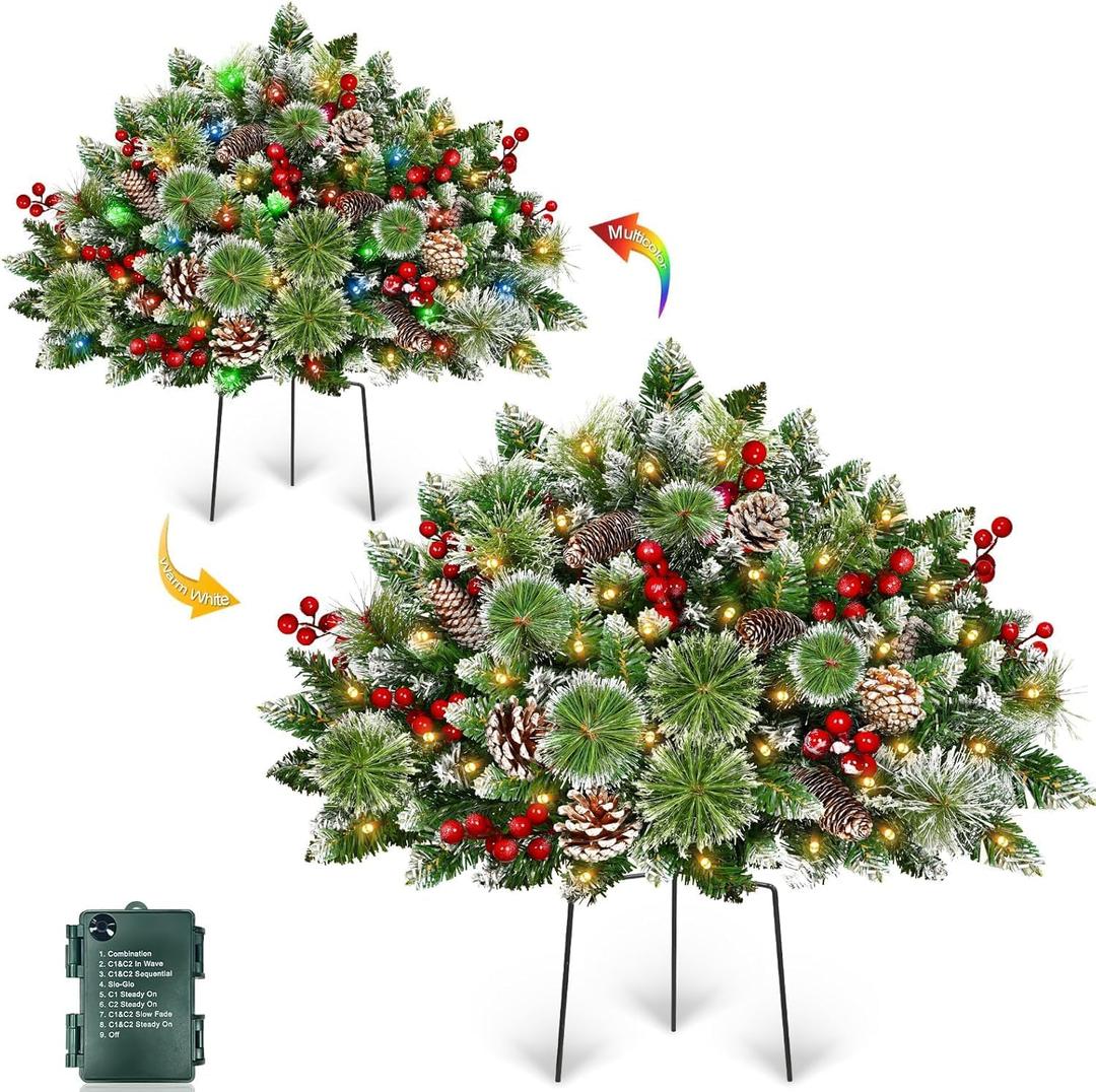 Timer - 2 Pack 24 Inch Lighted Outdoor Christmas Tree Urn Fillers Decorations,Warm White&Colorful Lights 8 Mode,Snowy Pinecones Red Berries Battery Operated Tripod Stake Holiday Planters Porch Pathway