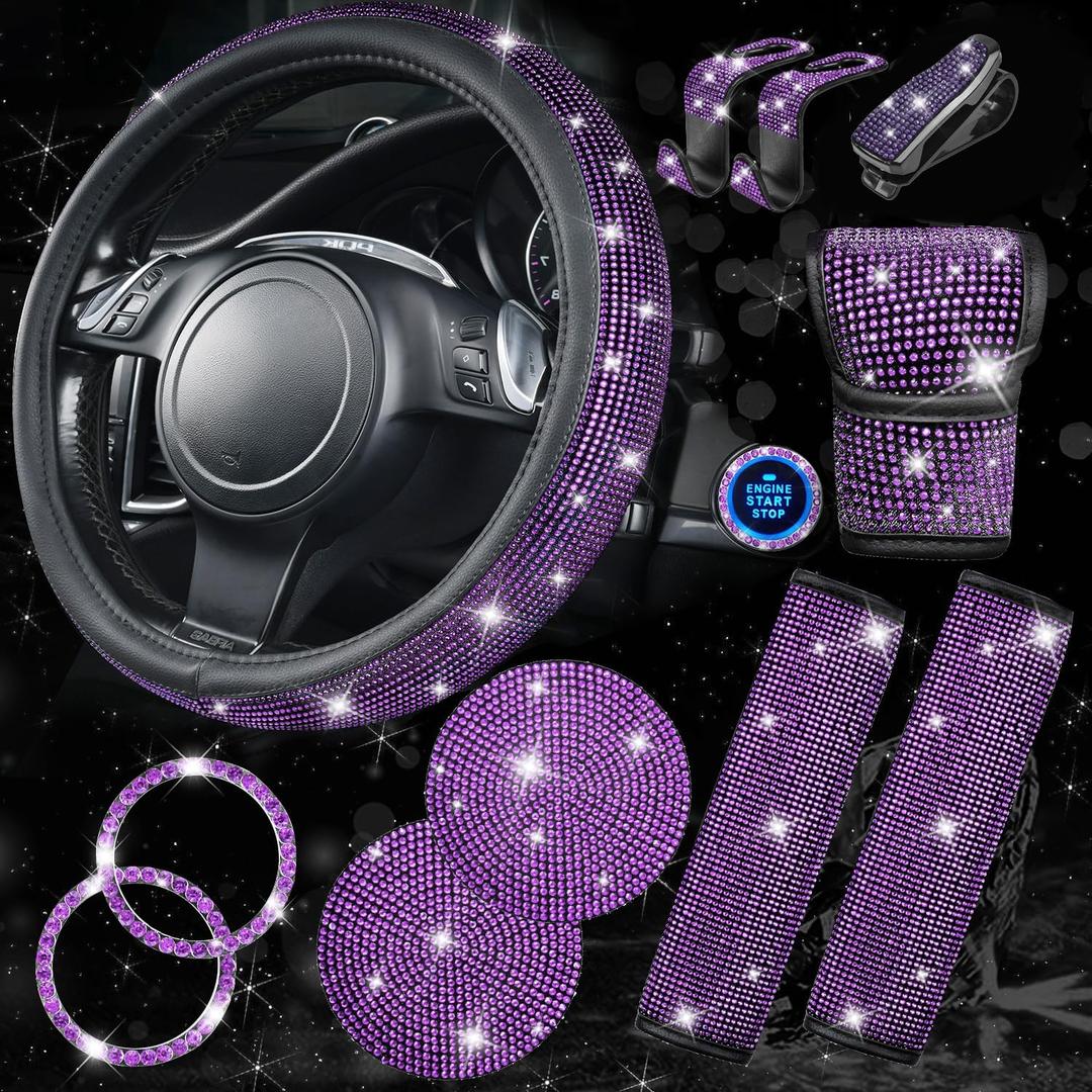 CAR PASS 11PCS Bling Purple Car Steering Wheel Cover Set for Women, Sparkly Rhinestone Diamond Bling Seat Belt Cushion, Glitter Shift Knob Cover, Car Cup Holder Coaster, Interior Sets Violet Purple  14.5"-15"