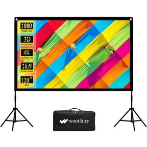 Projector Screen with Stand, Wootfairy 120 inch Portable and Foldable Indoor Outdoor Projection Screen 16:9 4K HD Rear Front Wrinkle-Free Movie Screen with Carry Bag for Home Theater Backyard Cinema