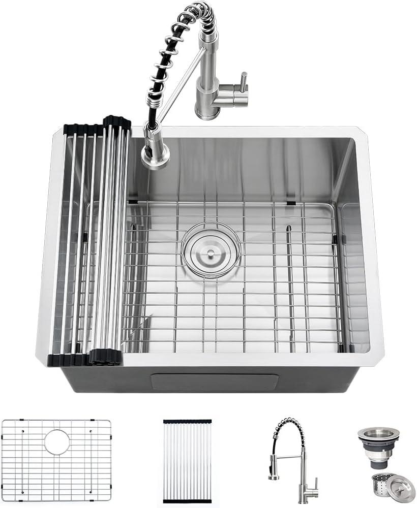 24 Inch Undermount Laundry Sink with Faucet Combo-iAnomla 24x19 Stainless Steel Utility Sink Laundry Room Sinks 16 Gauge Deep Single Bowl Kitchen Sinks Undermount Outdoor Basin and Faucet, 24Lx19Wx 13D