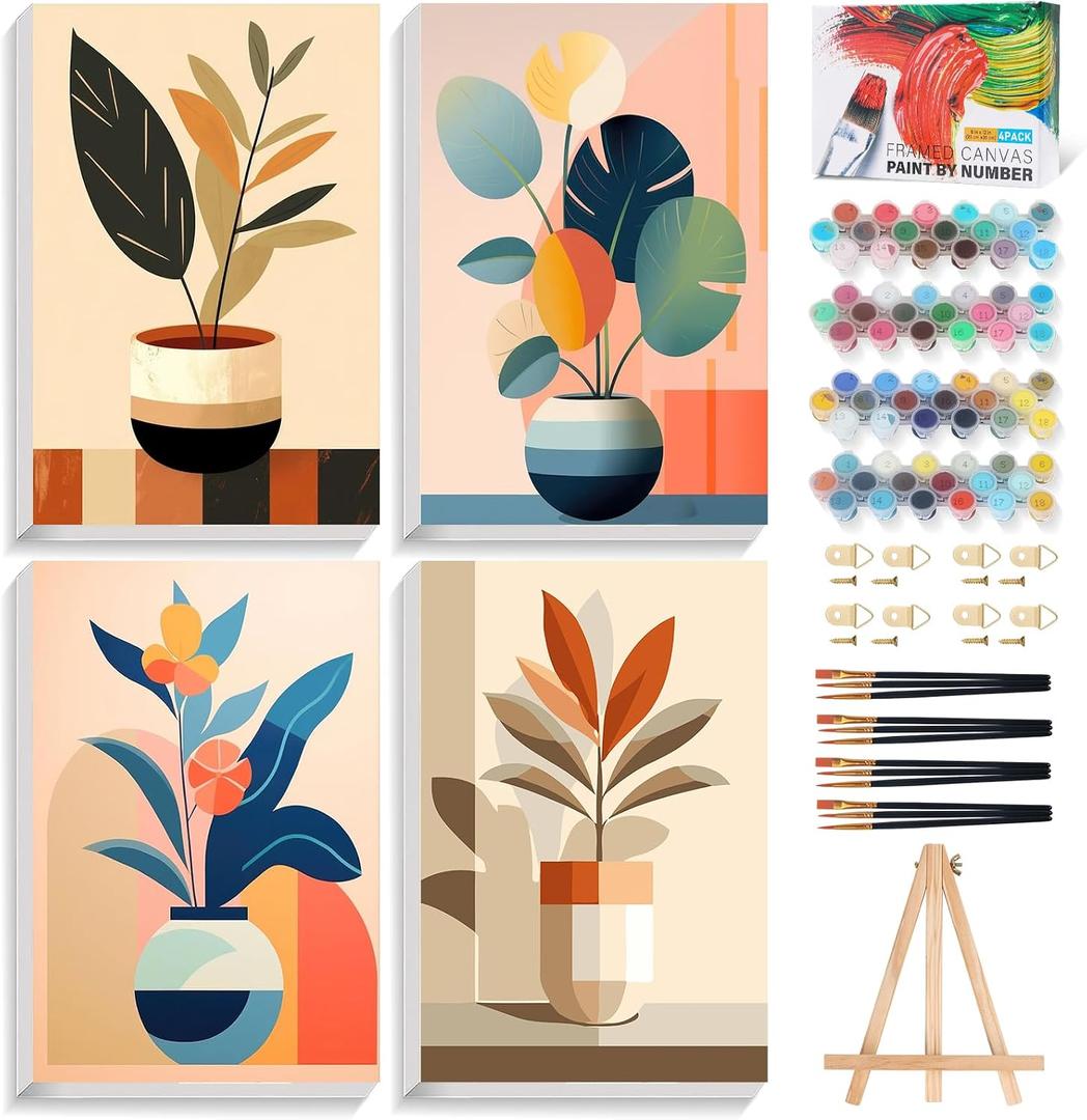4 Pack Framed Paint by Numbers Kit for Adults with Wooden Easel, 8x12 Inch