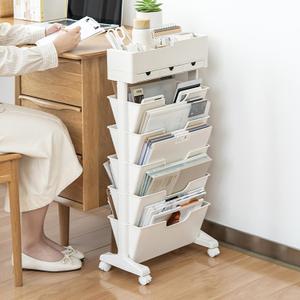 5 Tier Rolling Book Cart Multi-Functional Movable Storage Bookshelves with Lockable Wheels for Study Office Library Classroom, White (Whtie, with Wheel)