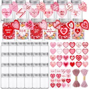 Remerry 24 Set Valentine's Day Mason Jar for Candy Cookie 5 oz Clear Plastic Jars with Lids Red Love Heart Stickers Gift Tags for Valentines Party Favor Classroom Exchange Gifts