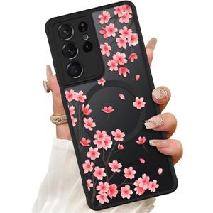 ZIYE Magnetic Case for Samsung Galaxy S21 Ultra 6.8 Inch [Compatible with MagSafe] Hard PC and Soft TPU Case with Cherry Blossom Pink Floral Anti-Scratch Shockproof Protection Phone Cover for Women