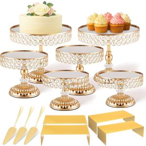 Lallisa 13 Piece Gold Cake Stand Set, Vintage Cake Dessert Display with Crystal Rim & Cupcake Trays for Wedding, Birthday Anniversary Parties, Dessert Table Decoration