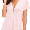 LUSMAY Women's Casual Zipper V Neck Short Sleeve Tunic Tops Loose Fitting T Shirts Blouse (Pink, M)