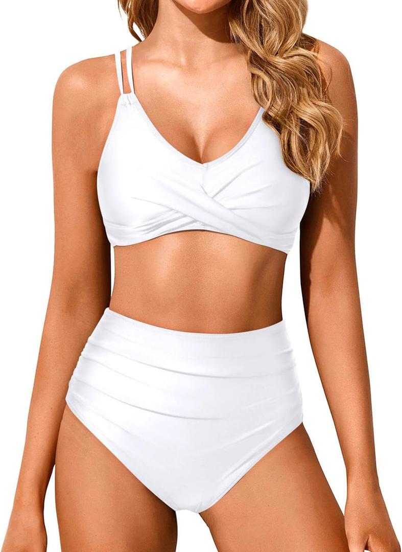 Holipick Women High Waisted Bikini Set Two Piece Swimsuits Push up Wrap Swim Suits Top Tummy Control Bathing Suit (White, XL)