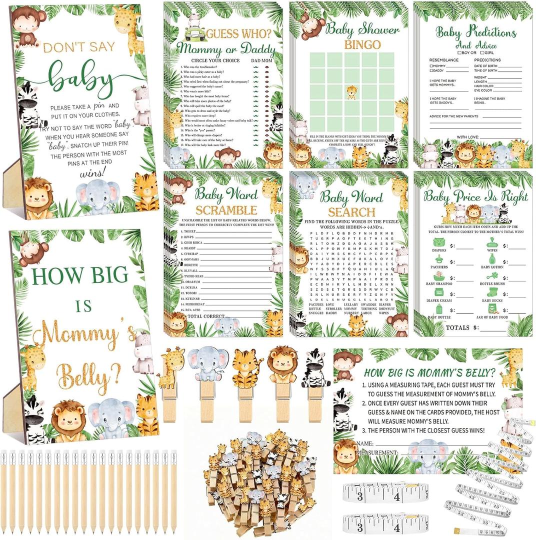 Funnymoom 426 Pcs Safari Animal Baby Shower Games Set-8 Games, Includes Baby Shower Bingo Price is Right Guess Word Scramble Prediction and Advice How Big is Mommy's Belly Don't Say the Words (Green)