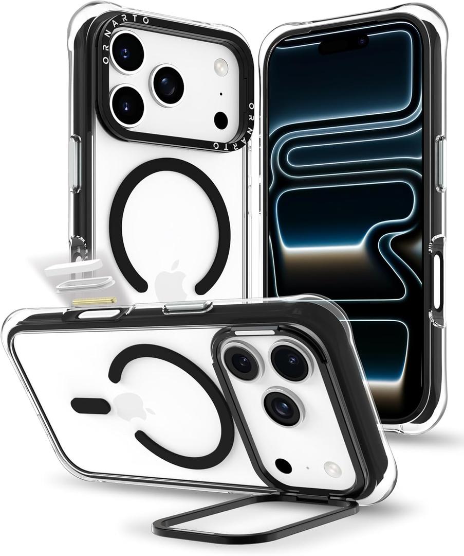 ORNARTO Clear Case for iPhone 17 Pro Max with Camera Stand | Military-Grade Drop Protection | Camera Control Button | Compatible with MagSafe | Built-in Air Phone Cover for iPhone 17 Pro Max - Black