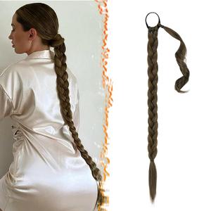 BARSDAR 26 Inch Long Braided Ponytail Extension with Hair Tie - Straight Sleek Wrap Around Brown Braided Ponytail Hair Extensions- Synthetic Pony Tails Hairpieces for Women - Chestnut Brown Mixed