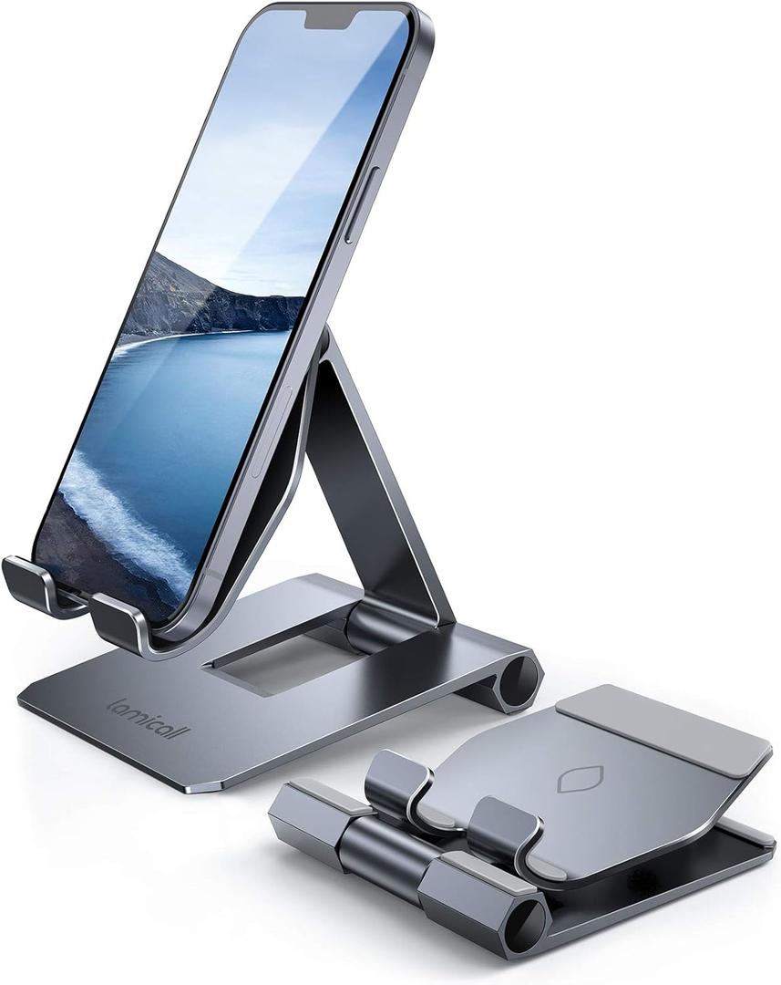 Lamicall Aluminum Metal Adjustable Cell Phone Stand Desk - Heavy Duty Aluminum Metal Foldable Desktop Phone Holder, Cradle, Dock, for iPhone 16 15 14, Plus, Pro, Pro Max, 13 12 X XS,4-11'' Phone Grey