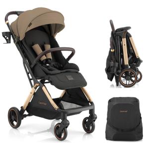 Gromast Gravity Folding Baby Stroller - Portable Travel Toddler Stroller w/Adjustable Backrest, Canopy & Cup Holder, Lightweight and UV Protected, One-Hand Automatic Folding - Golden Khaki