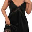 WDIRARA Women's Plus Size Satin Nightgown Double V Neck Lace Backless Long Lingerie Nightdress, XXL