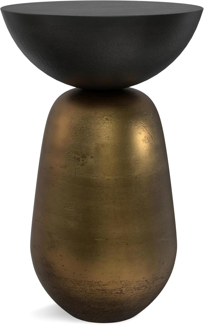 SIMPLIHOME Clement Cast Aluminum Side Table, 15.25" Round, 24" Tall, Black Nickel/Antique Brass, Industrial Hourglass Design for Living Room