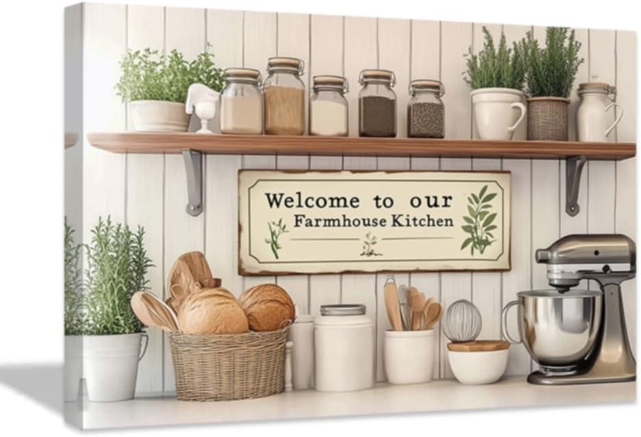 ZQQART Farmhouse Kitchen Wall Art Rustic Mason Jar Spice Canvas Prints Vintage Country Culinary Pictures Wall Decor for Dining Room Framed(White,12L x 18W)