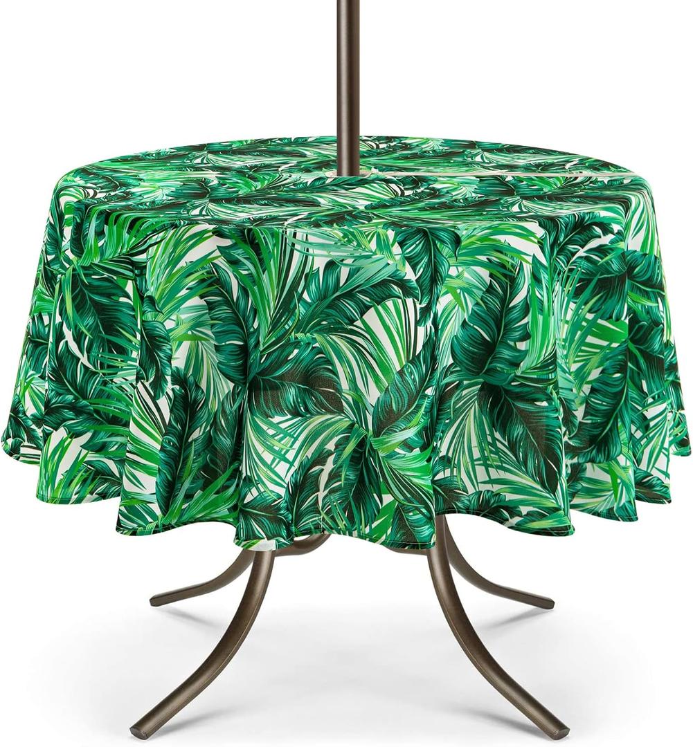 UMINEUX Outdoor Tablecloth with Umbrella Hole and Zipper, Spring/Summer Waterproof Table Cover for Picnic/BBQ/Garden(60" Round,Green Plant)
